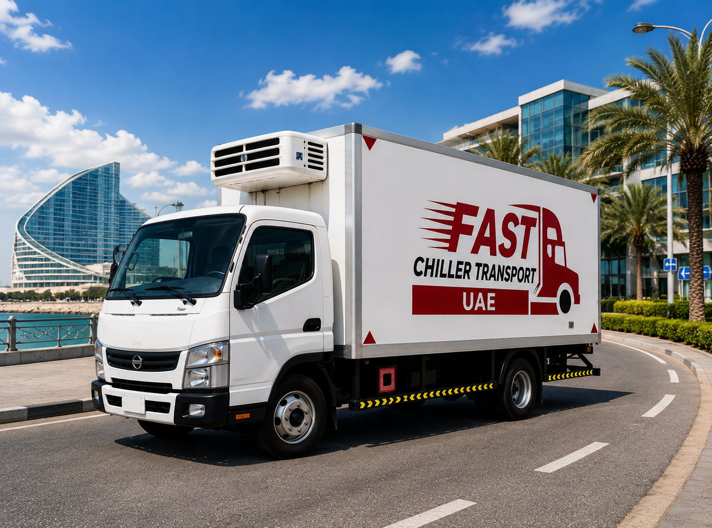 Fast Chiller Transport refrigerated truck driving along a coastal road in Dubai with a hotel and palm trees in the background