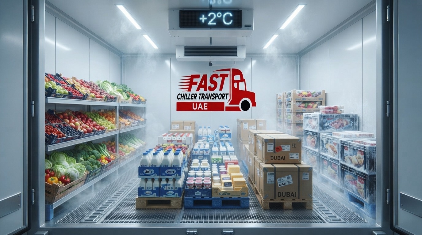 Inside a Fast Chiller Transport refrigerated van holding +2°C with fresh produce, dairy, and packaged goods loaded for delivery